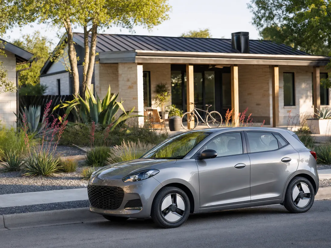 Hatchback in front of an Austin bungalow with a bike on the porch - going car-free