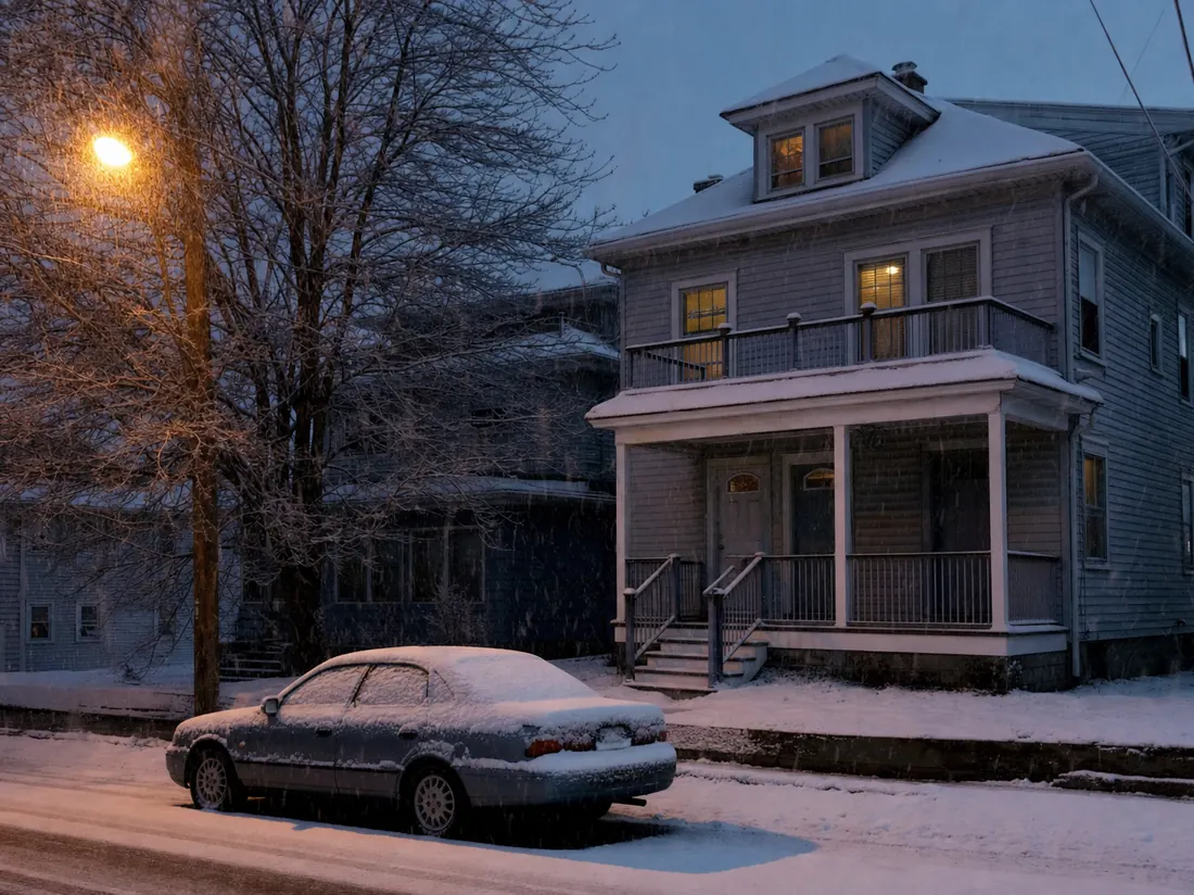 Sedan outside a Syracuse two-family house in falling snow - selling a car in Syracuse