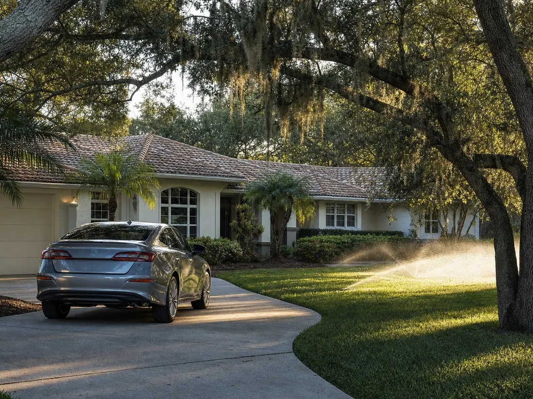 Sedan in a Tampa driveway under oak trees - selling a car in Tampa Bay