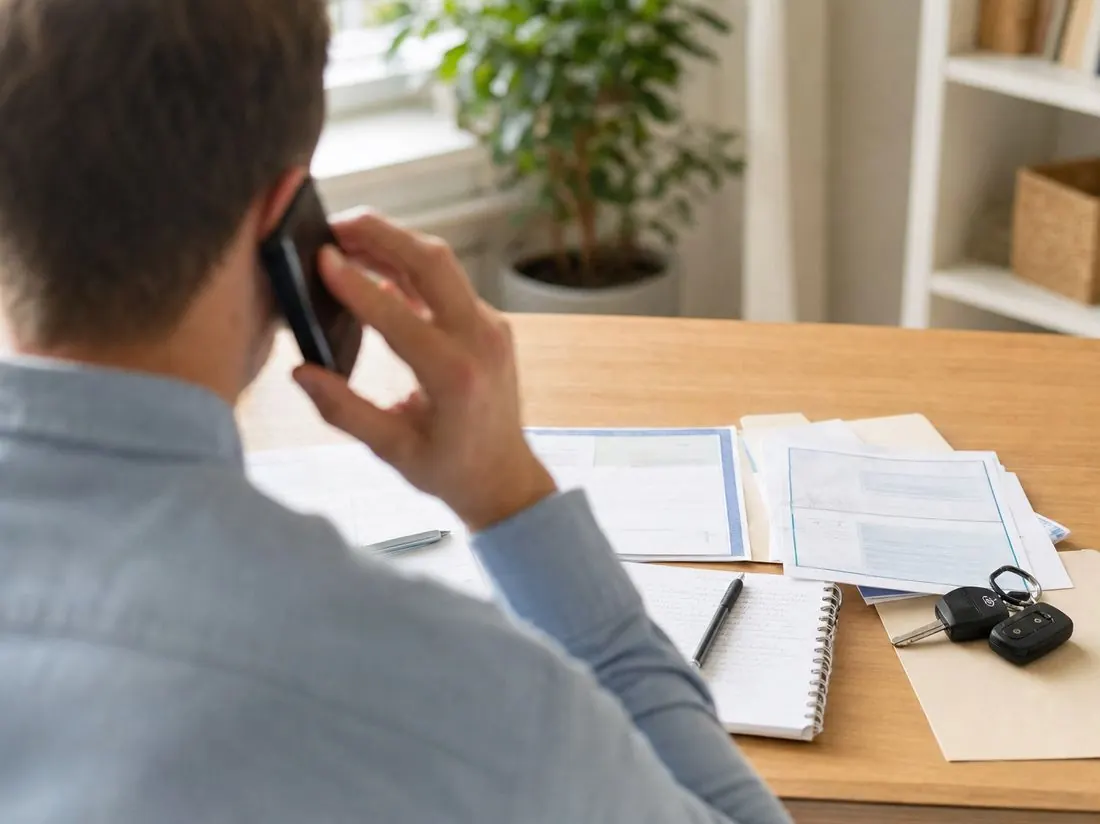 Talking a car sale through on the phone with title paperwork and keys on the desk