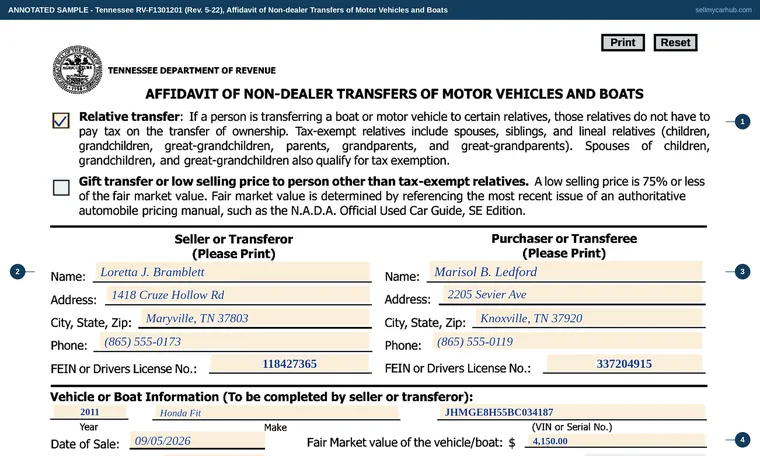 Top of our filled-in example of Tennessee RV-F1301201, Affidavit of Non-dealer Transfers of Motor Vehicles and Boats