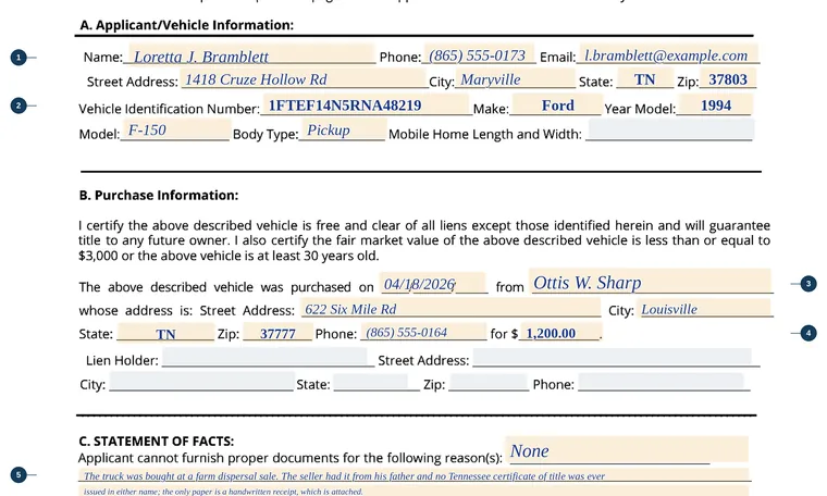 Part of our filled-in example of Tennessee RV-F1310401, Application for Certification of Ownership, showing the filled-in entries