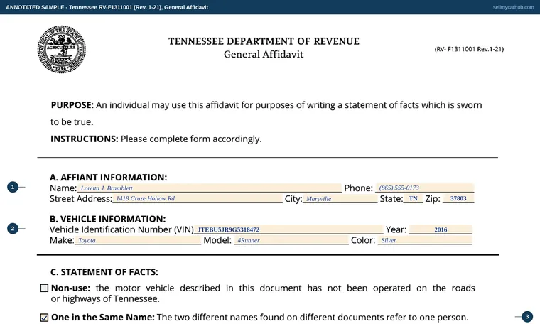 Top of our filled-in example of Tennessee RV-F1311001, General Affidavit