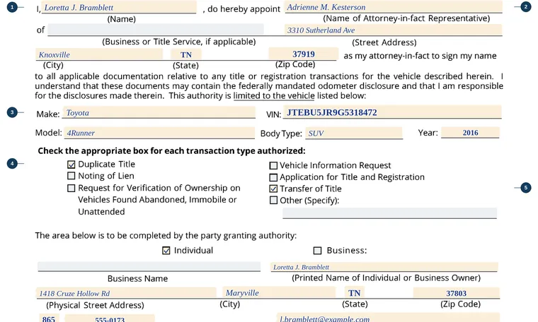 Part of our filled-in example of Tennessee RV-F1311401, Power of Attorney for Vehicle Transactions, showing the filled-in entries