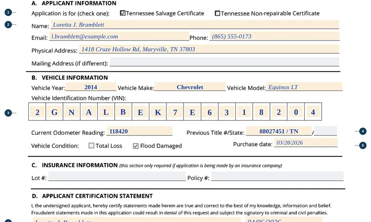 Part of our filled-in example of Tennessee RV-F1311801, Application for Tennessee Salvage or Non-Repairable Certificate, showing the filled-in entries