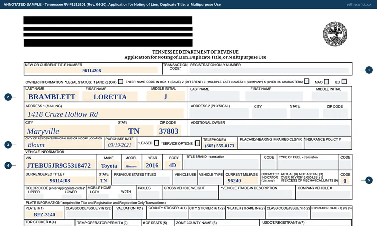 Top of our filled-in example of Tennessee RV-F1315201, Application for Noting of Lien, Duplicate Title, or Multipurpose Use