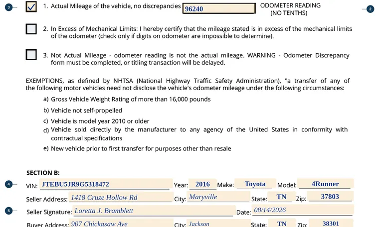 Part of our filled-in example of Tennessee RV-F1317001, Odometer Disclosure Statement, showing the filled-in entries