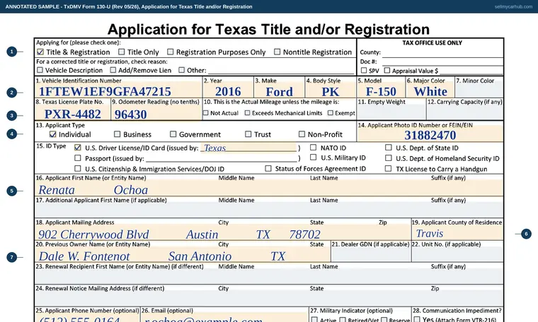 Top of our filled-in example of Texas Form 130-U, Application for Texas Title and/or Registration