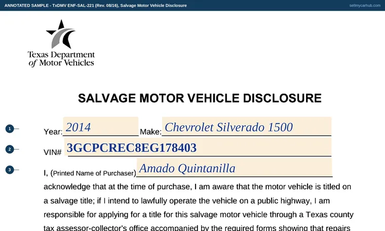 Top of our filled-in example of Texas ENF-SAL-221, Disclosure of Salvage Motor Vehicle