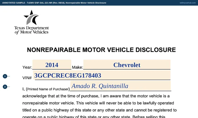 Top of our filled-in example of Texas ENF-SAL-221-NR, Nonrepairable Motor Vehicle Disclosure