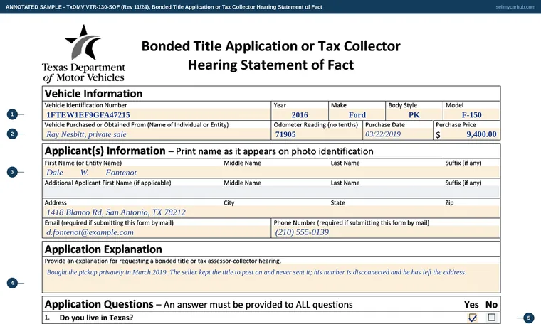 Top of our filled-in example of Texas VTR-130-SOF, Bonded Title Application or Tax Collector Hearing Statement of Fact