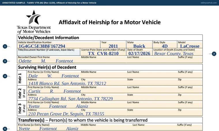 Top of our filled-in example of Texas VTR-262, Affidavit of Heirship for a Motor Vehicle