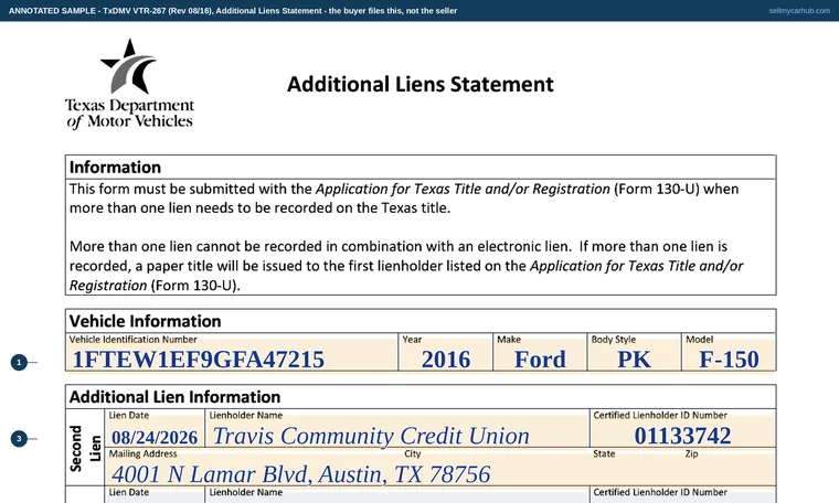 Top of our filled-in example of Texas VTR-267, Additional Liens Statement