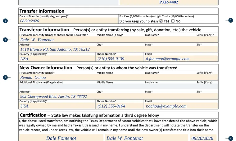 Part of our filled-in example of Texas VTR-346, Texas Motor Vehicle Transfer Notification, showing the filled-in entries