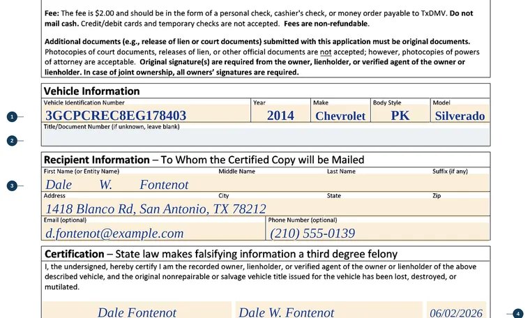 Part of our filled-in example of Texas VTR-34-S, Application for a Certified Copy of a Texas Nonrepairable or Salvage Vehicle Title, showing the filled-in entries