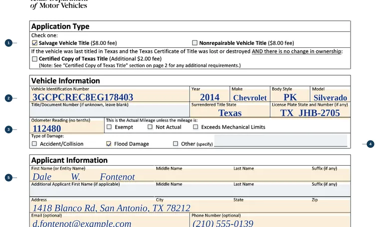 Part of page 1 of our filled-in example of Texas VTR-441, Application for Salvage or Nonrepairable Vehicle Title, showing the filled-in entries