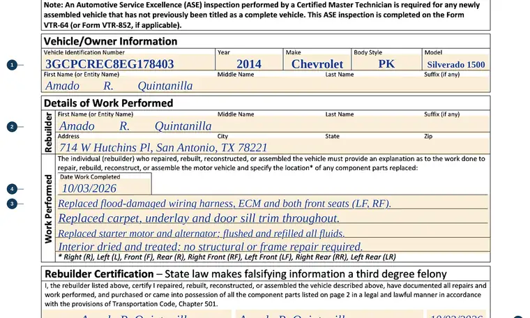 Part of our filled-in example of Texas VTR-61, Rebuilt Vehicle Statement, showing the filled-in entries