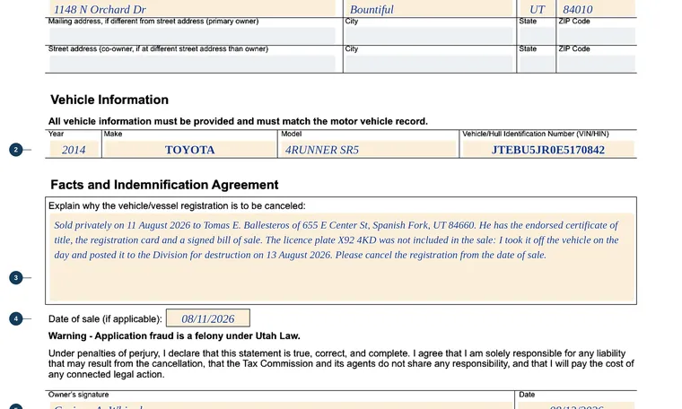 Part of our filled-in example of Utah TC-502, Application to Cancel Registration, showing the filled-in entries