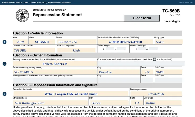 Top of our filled-in example of Utah TC-569B, Repossession Statement