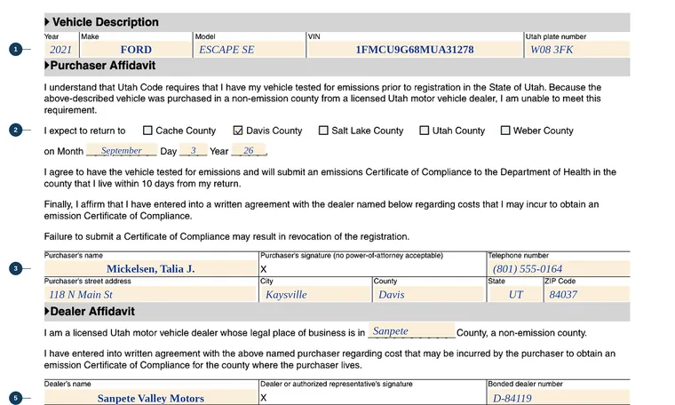 Part of our filled-in example of Utah TC-820, Exemption Affidavit for Utah Emission Testing, showing the filled-in entries