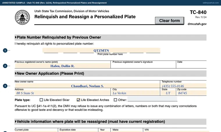 Top of our filled-in example of Utah TC-840, Relinquish and Reassign a Personalized Plate