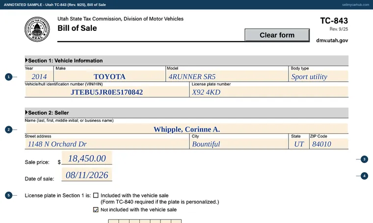 Top of our filled-in example of Utah TC-843, Bill of Sale