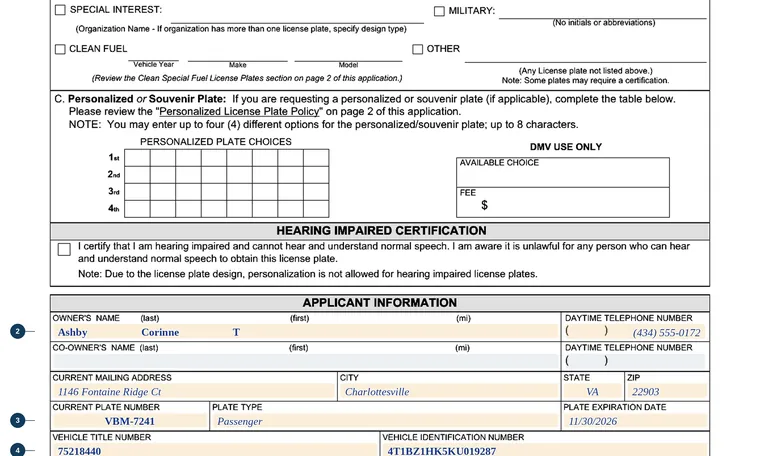 Part of page 1 of our filled-in example of Virginia VSA 10, License Plate Application, showing the filled-in entries