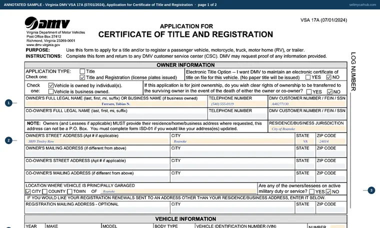 Top of page 1 of our filled-in example of Virginia VSA 17A, Application for Certificate of Title and Registration