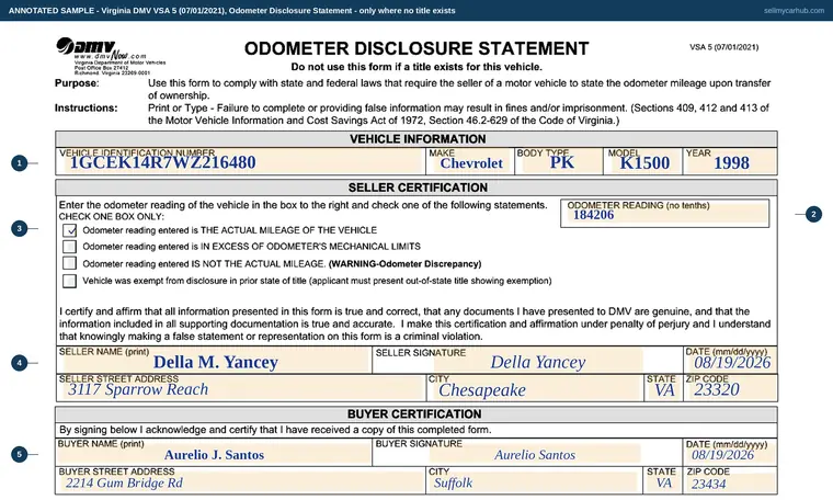 Top of our filled-in example of Virginia VSA 5, Odometer Disclosure Statement