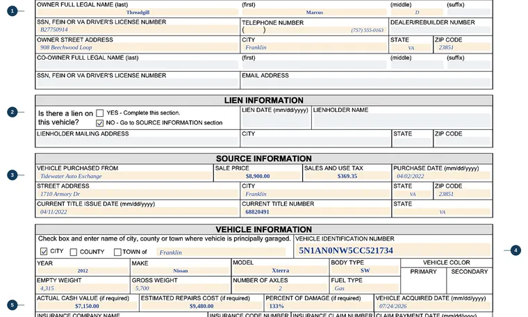 Part of page 1 of our filled-in example of Virginia VSA 56, Salvage Certificate Application, showing the filled-in entries