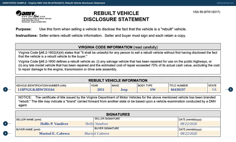 Top of our filled-in example of Virginia VSA 59, Rebuilt Vehicle Disclosure Statement