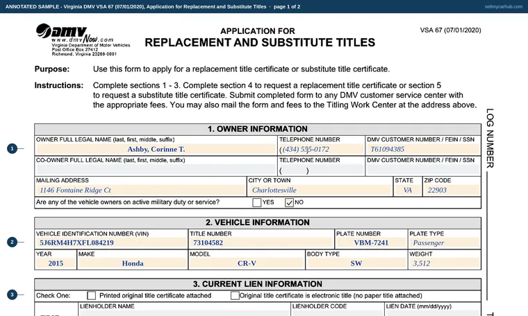 Top of page 1 of our filled-in example of Virginia VSA 67, Application for Replacement and Substitute Titles