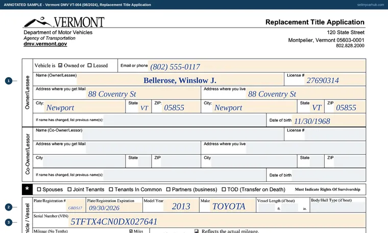 Top of our filled-in example of Vermont VT-004, Replacement Title Application