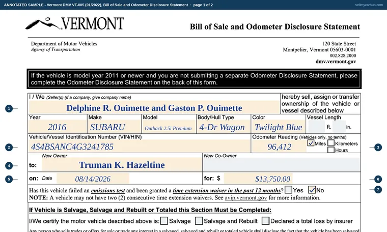 Top of page 1 of our filled-in example of Vermont VT-005, Bill of Sale and Odometer Disclosure Statement