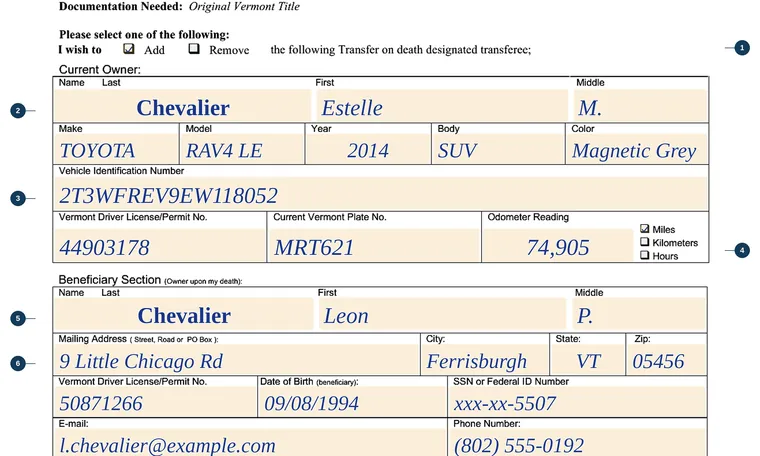 Part of our filled-in example of Vermont VT-007, Transfer on Death, showing the filled-in entries