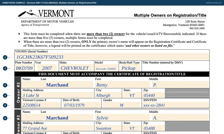 Top of our filled-in example of Vermont VT-012, Multiple Owners on Registration/Title
