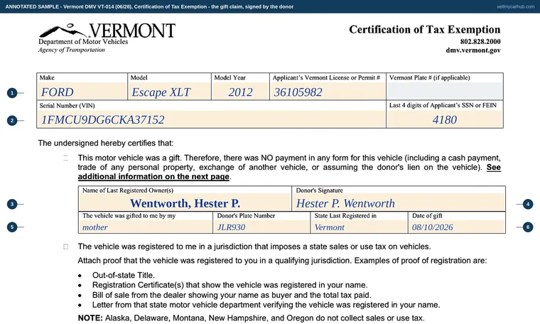 Top of our filled-in example of Vermont VT-014, Certification of Tax Exemption