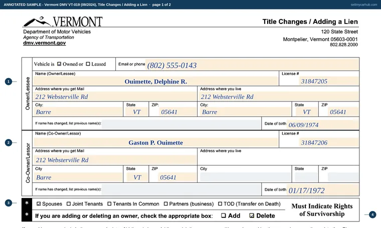 Top of page 1 of our filled-in example of Vermont VT-019, Title Changes / Adding a Lien
