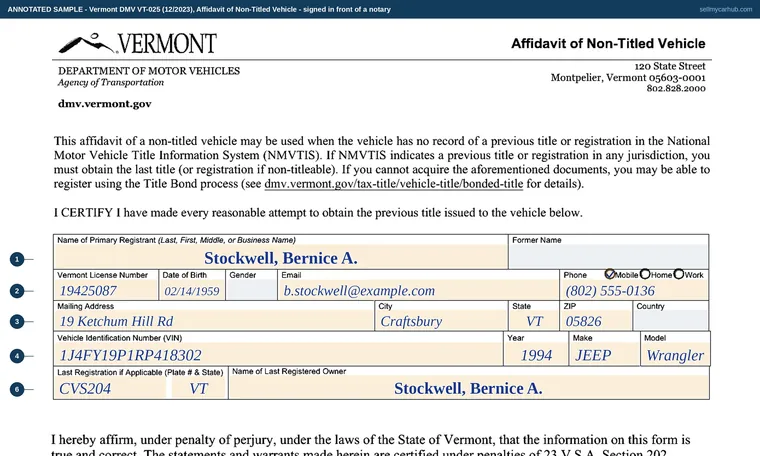 Top of our filled-in example of Vermont VT-025, Affidavit of Non-Titled Vehicle