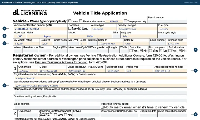 Top of our filled-in example of Washington 420-001, Vehicle Title Application