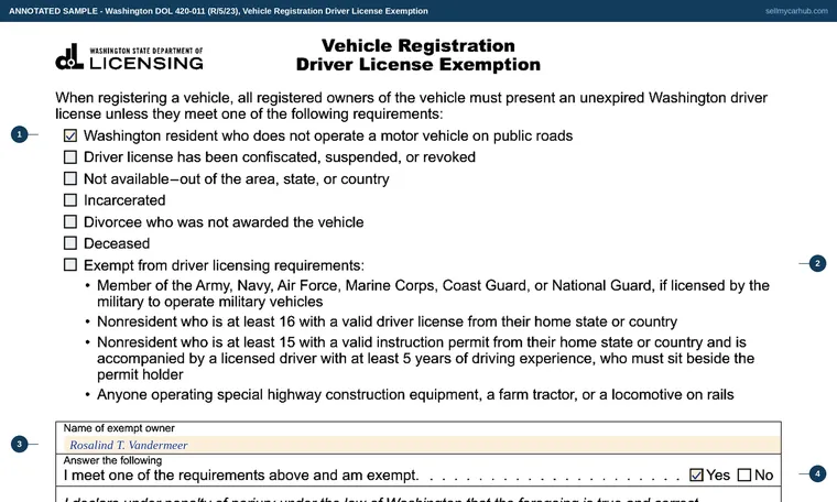Top of our filled-in example of Washington 420-011, Vehicle Registration Driver License Exemption