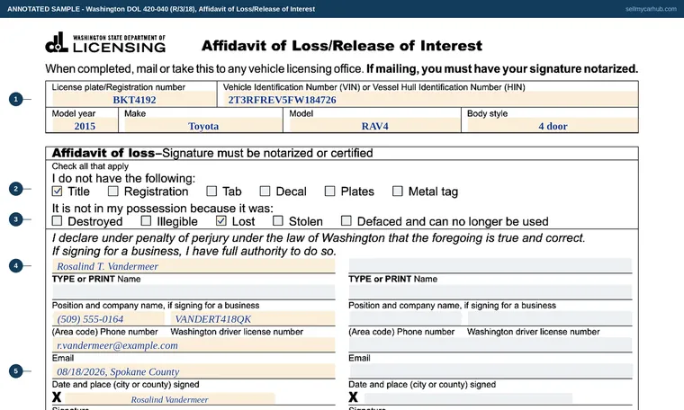 Top of our filled-in example of Washington 420-040, Affidavit of Loss/Release of Interest