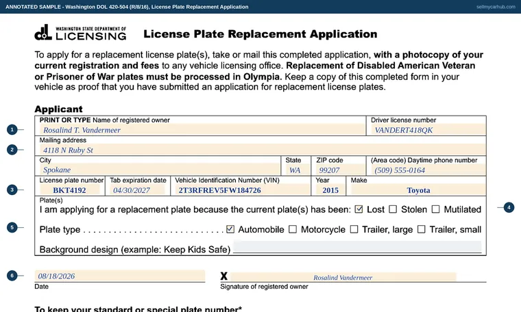 Top of our filled-in example of Washington 420-504, License Plate Replacement Application
