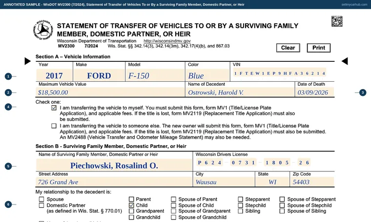 Top of our filled-in example of Wisconsin MV2300, Statement of Transfer of Vehicles To or By a Surviving Family Member, Domestic Partner, or Heir