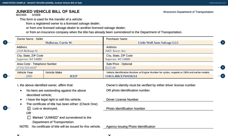 Top of our filled-in example of Wisconsin MV2459, Junked Vehicle Bill of Sale