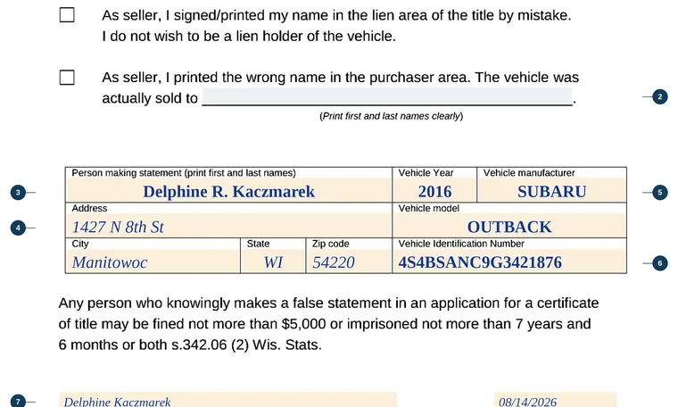Part of our filled-in example of Wisconsin MV2489, Statement of Intent, showing the filled-in entries