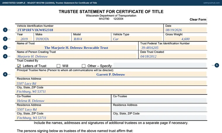 Top of our filled-in example of Wisconsin MV2790, Trustee Statement for Certificate of Title