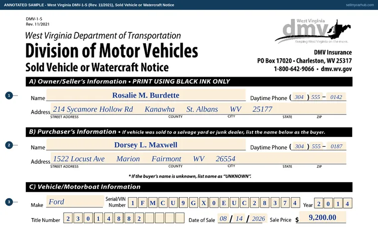 Top of our filled-in example of West Virginia DMV-1-S, Sold Vehicle or Watercraft Notice