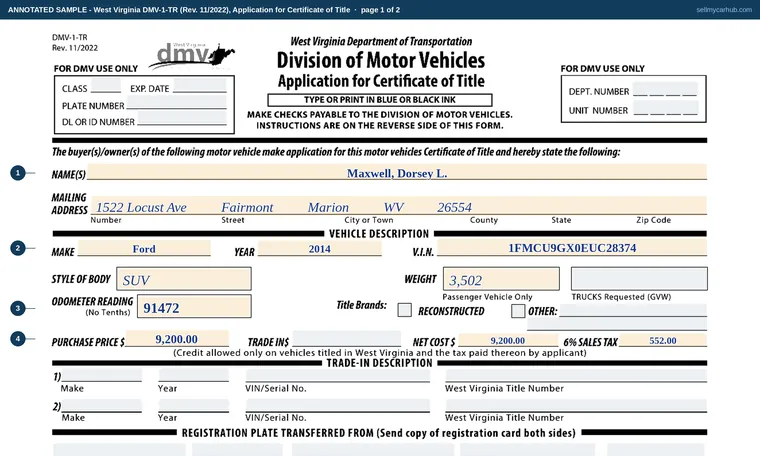 Top of page 1 of our filled-in example of West Virginia DMV-1-TR, Application for Certificate of Title