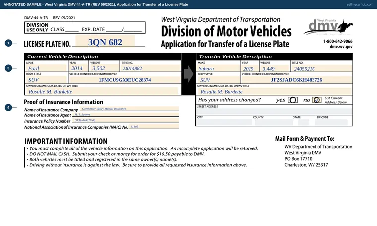 Top of our filled-in example of West Virginia DMV-44-A-TR, Application for Transfer of a License Plate